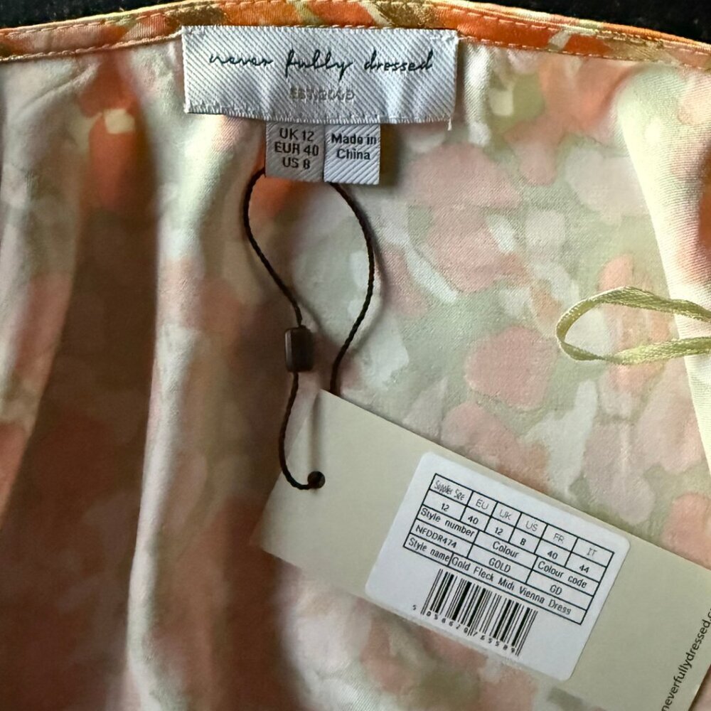 Never Fully Dressed Satin Wrap Vienna Midi Dress In Pastel Gold Mix Size US 8 - Picture 9 of 13
